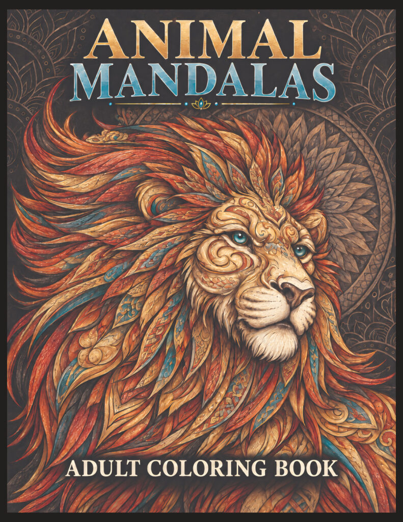 Animal Mandalas adult coloring book cover featuring an ornate gold and rust-colored lion