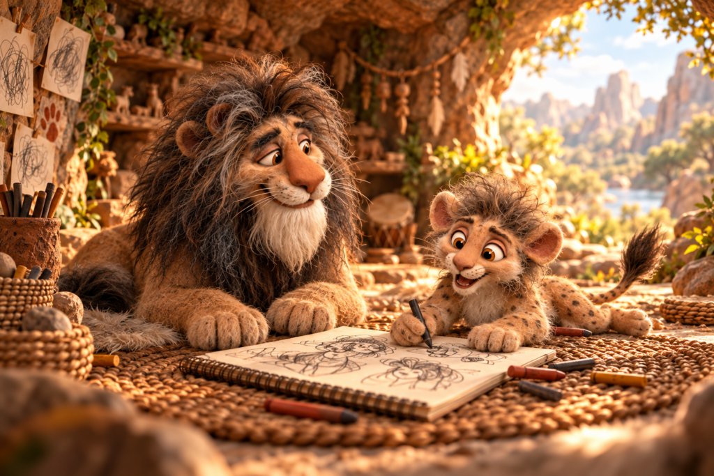 Baba and Cub drawing together in their sunlit art cave